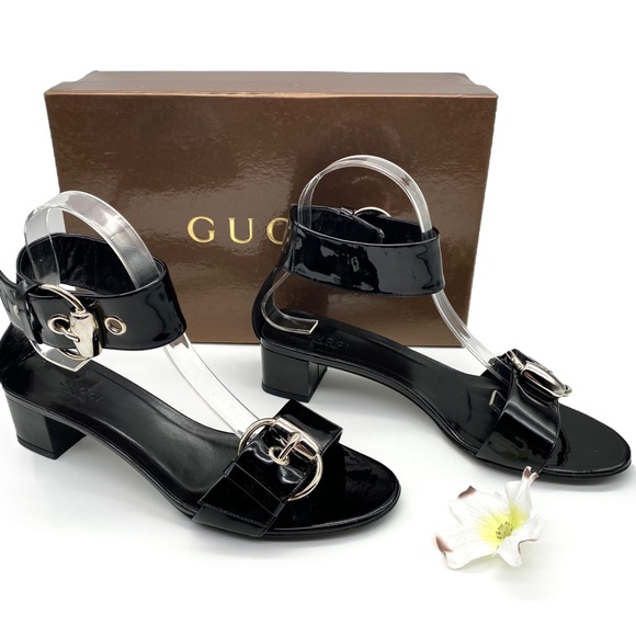 LIKE NEW Gucci Sand Pelle S Cuoio Vitello Vernice Soft Nero Sandals, 37 / 7 - Picture 6 of 16